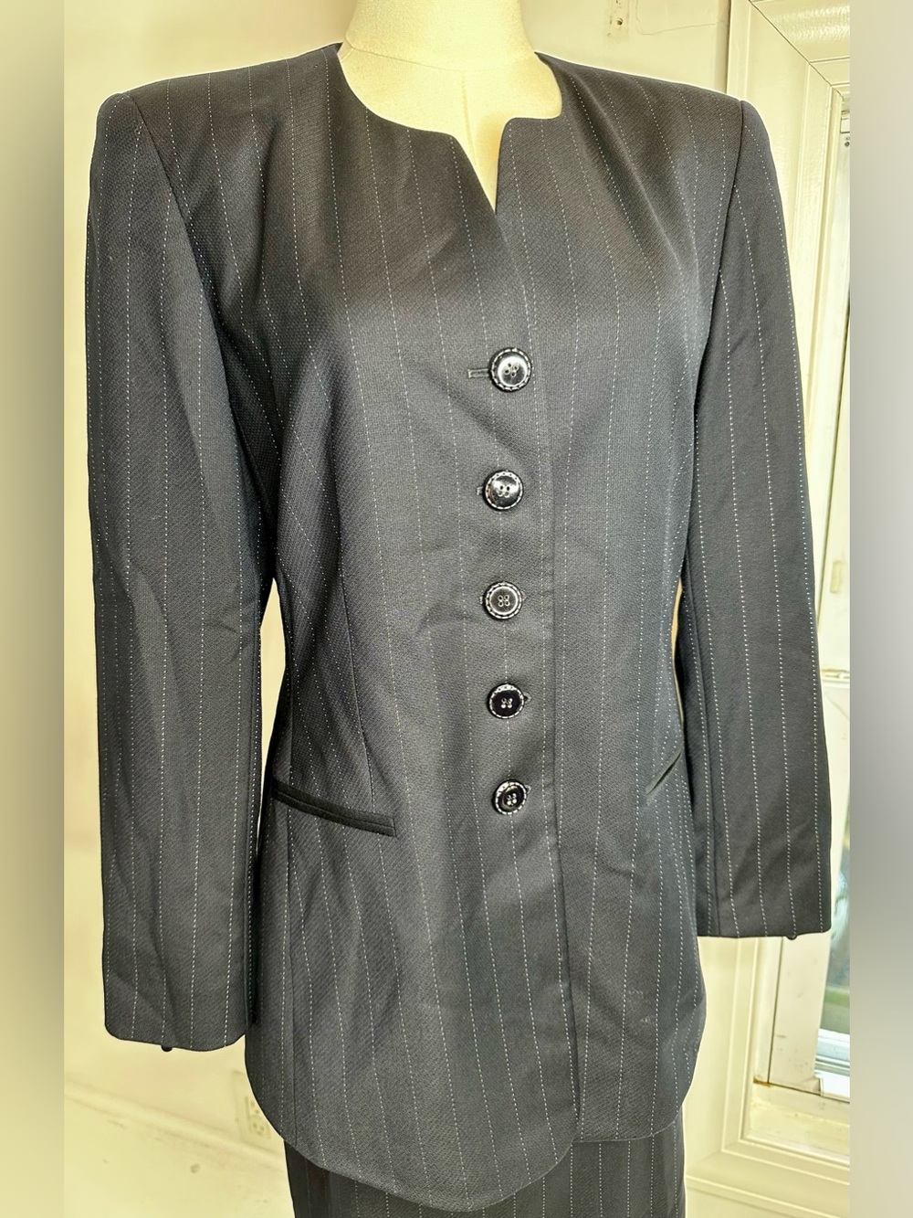 Vintage Escada Margaretha Ley Navy Wool Pinstripe Skirt Suit 2 Piece Set